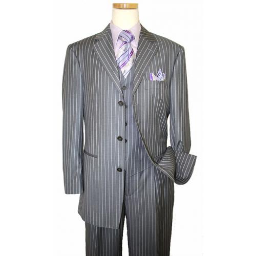 Steve Harvey Classic Collection Grey With Silver/Grey Pinstripes Super 140's Vested Suit 6757
